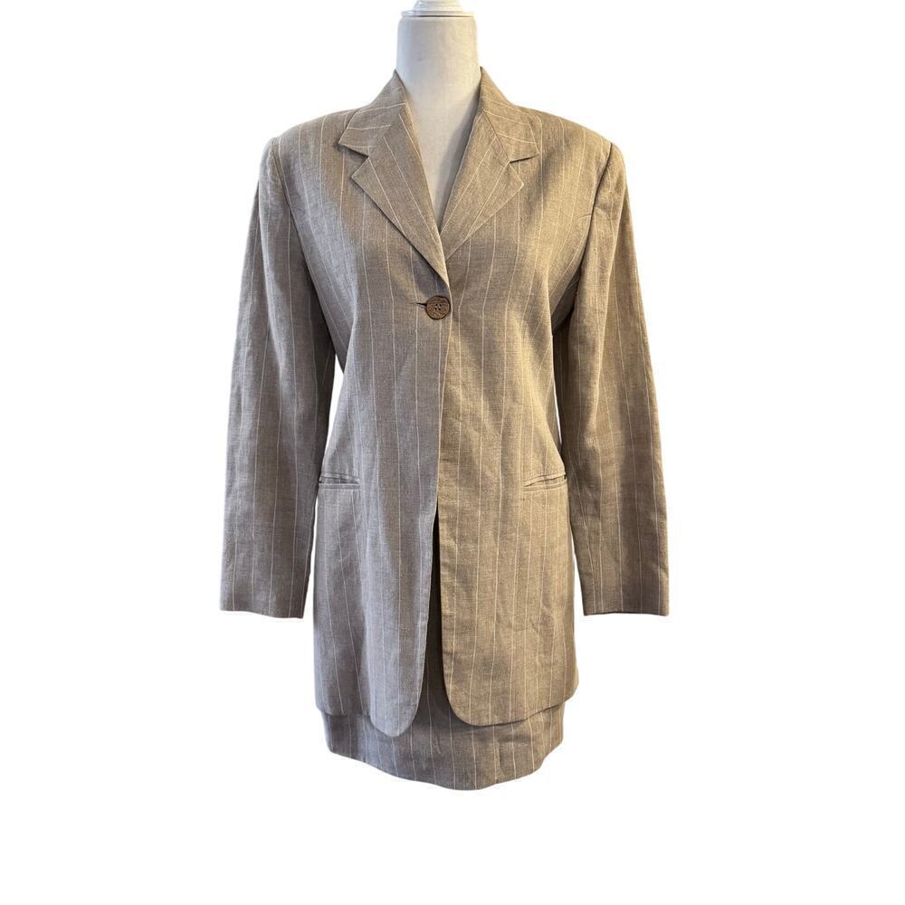 Vintage 80s USA Made Bebe 100% Linen Pinstriped Blazer and Skirt Suit Set Sz 6